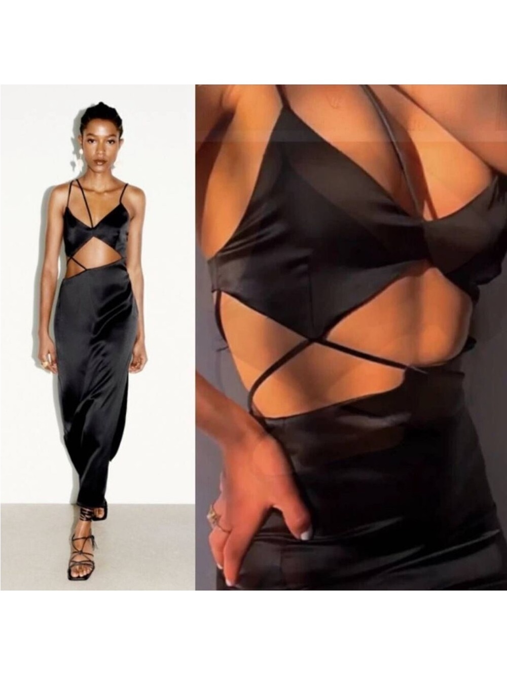 Zara Satin Black Strappy Cutout Maxi Dress